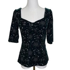 ModCloth x Collectif Blouse Women 8 Green Velvet Celestial Star Burst Sweetheart